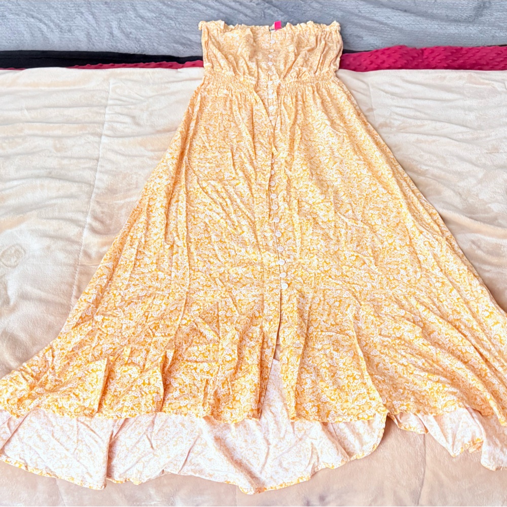 Vince Camuto Womens Smocked Strapless Peasant Dress Yellow Size S